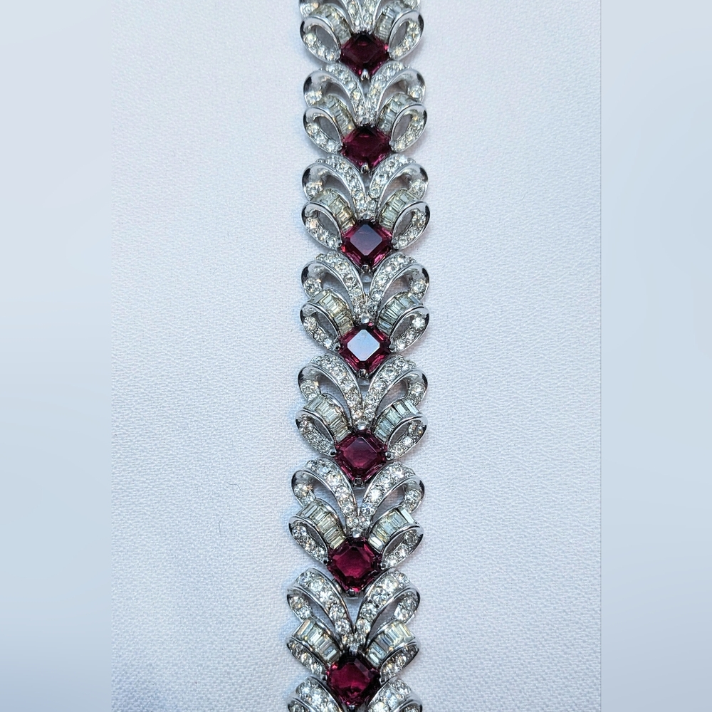 Vintage Marcel Boucher Ruby Coloured Glass Rhodium Plated Bracelet - Picture 6 of 13